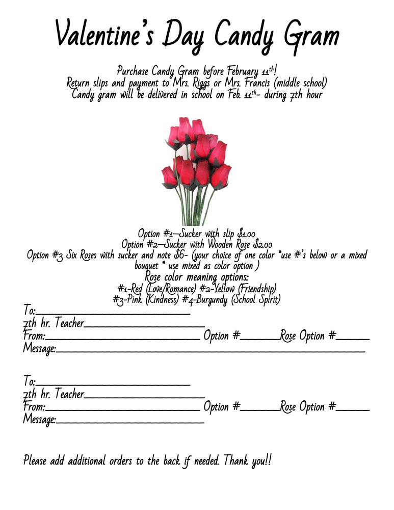 VALENTINE'S DAY CANDY GRAM ORDERS