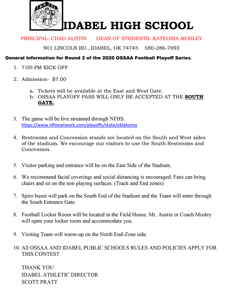 PLAYOFF GAME INFORMATION FOR SPIRO VS IDABEL