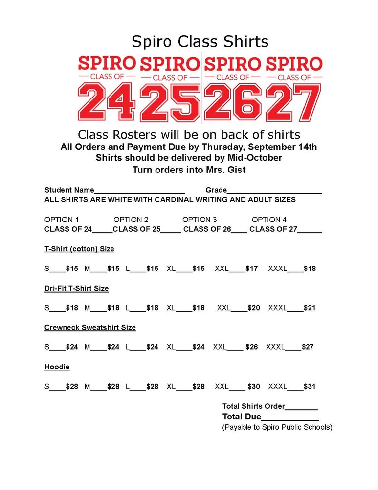 Spiro Class shirt order form